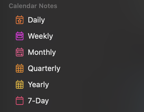 Skjermbilde av at jeg har tilgang på følgende «Calendar Notes»: Daily, weekly, monthly, quarterly, yearly og 7-day.